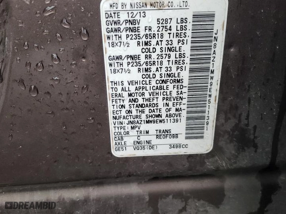 2014 Nissan Murano S with VIN JN8AZ1MW9EW511391, listed as a Copart auction lot 50303065 with 165,403 mi miles and Salvage Title. Bid and sale history available at carsss.com. Image 12.