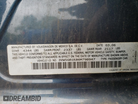 2006 Volkswagen Jetta z VIN 3VWSG81K86M798947, wystawiony jako Copart lot #57257545 z przebiegiem 160 722 mil mil oraz Szkoda całkowita • Salvage title. Historia ofert i sprzedaży dostępna na DreamBid. Obrazek 12.