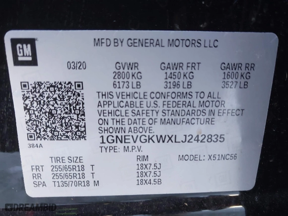 2020 Chevrolet Traverse LT Cloth with VIN 1GNEVGKWXLJ242835, listed as a IAAI auction lot 41251285 with 55,639 mi miles. Bid and sale history available at carsss.com. Image 9.