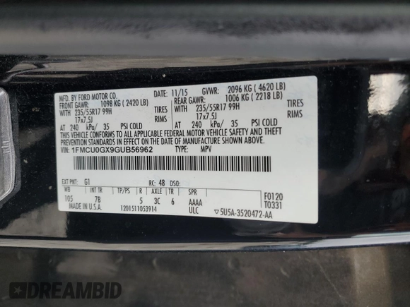 2016 Ford Escape SE z VIN 1FMCU0GX9GUB56962, wystawiony jako Copart lot #57071515 z przebiegiem 150 792 mil mil oraz Szkoda całkowita • Salvage title. Historia ofert i sprzedaży dostępna na DreamBid. Obrazek 14.