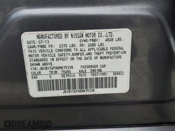 2014 Infiniti Q50 Premium with VIN JN1BV7APXEM675338, listed as a Copart auction lot 57125045 with 58,267 mi miles and Salvage title. Bid and sale history available at DreamBid. Image 12.