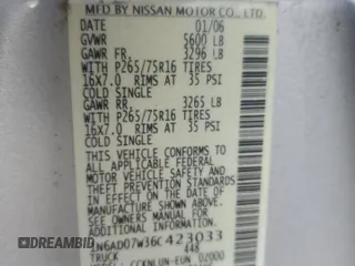 2006 Nissan Frontier SE with VIN 1N6AD07W36C423033, listed as a Copart auction lot 53135935 with 182,467 mi miles and Salvage title. Bid and sale history available at DreamBid. Image 12.