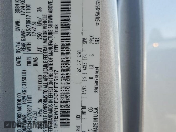 2016 Ford F-150 XL with VIN 1FTEW1CF3GKE75117, listed as a Copart auction lot 54048985 with 132,513 mi miles and Salvage title. Bid and sale history available at DreamBid. Image 13.