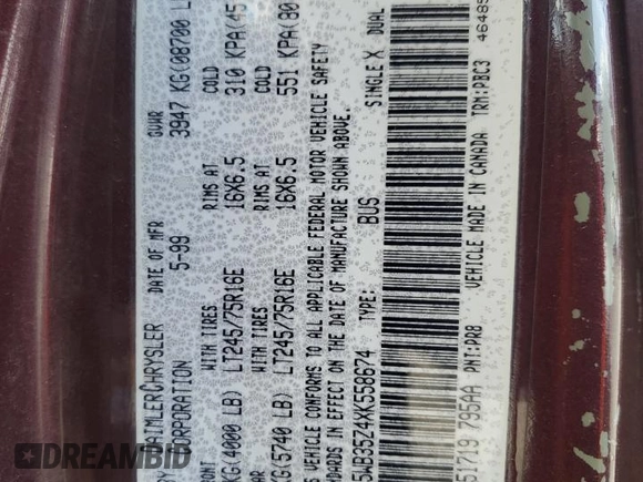 1999 Dodge Passenger z VIN 2B5WB35Z4XK558674, wystawiony jako Copart lot #50013815 z przebiegiem 140 979 mil mil oraz Szkoda całkowita • Salvage title. Historia ofert i sprzedaży dostępna na DreamBid. Obrazek 13.