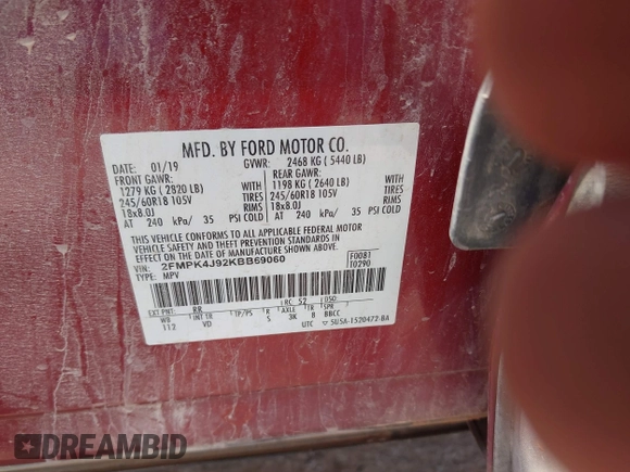 2019 Ford Edge SEL with VIN 2FMPK4J92KBB69060, listed as a IAAI auction lot 42248897 with 130,977 mi miles and . Bid and sale history available at DreamBid. Image 9.