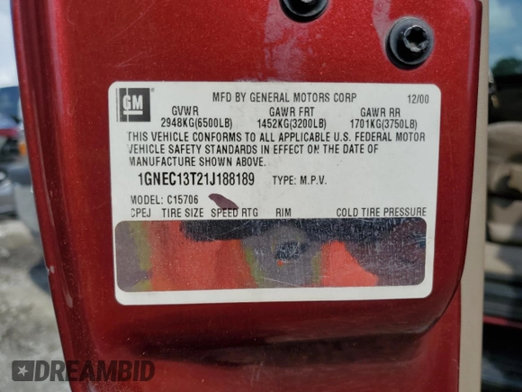 2001 Chevrolet Tahoe LS z VIN 1GNEC13T21J188189, wystawiony jako Copart lot #54394105 z przebiegiem 383 066 mil mil oraz Szkoda całkowita • Salvage title. Historia ofert i sprzedaży dostępna na DreamBid. Obrazek 13.