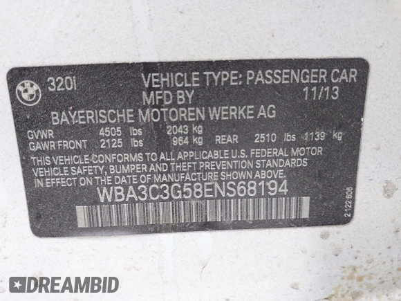 2014 BMW 3 Series 320i xDrive с VIN WBA3C3G58ENS68194, выставлен на аукционе IAAI как лот 41732422 с пробегом 103 206 миль миль и . История ставок и продаж доступна на DreamBid. Изображение 9.