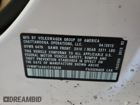 2012 Volkswagen Passat SE с VIN 1VWBP7A30CC079336, выставлен на аукционе Copart как лот 43858165 с пробегом 166 897 миль миль и Чистый • Clean title. История ставок и продаж доступна на DreamBid. Изображение 12.