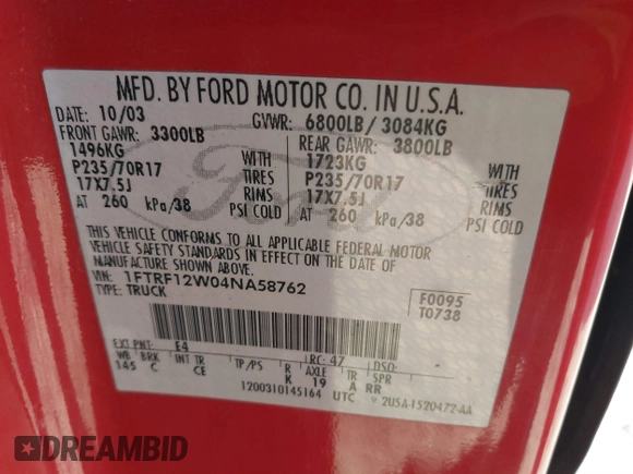 2004 Ford F-150 XL z VIN 1FTRF12W04NA58762, wystawiony jako IAAI lot #41761042 z przebiegiem 240 867 mil mil oraz . Historia ofert i sprzedaży dostępna na DreamBid. Obrazek 9.