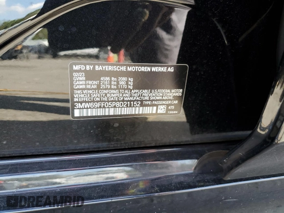 2023 BMW 3 Series 330i with VIN 3MW69FF05P8D21152, listed as a Copart auction lot 48803345 with 21,146 mi miles and Salvage title. Bid and sale history available at DreamBid. Image 12.