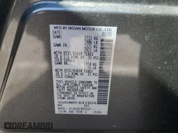 2015 Nissan Pathfinder SV with VIN 5N1AR2MN9FC642604, listed as a Copart auction lot 49553765 with 179,781 mi miles and Clean title. Bid and sale history available at DreamBid. Image 13.