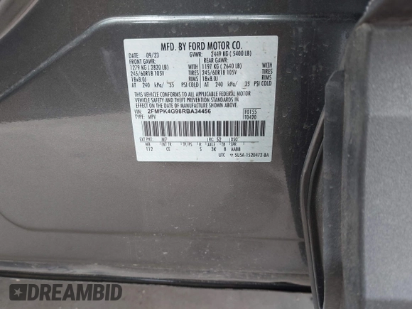 2024 Ford Edge SE with VIN 2FMPK4G98RBA34456, listed as a IAAI auction lot 42383799 with 10,452 mi miles and . Bid and sale history available at DreamBid. Image 9.
