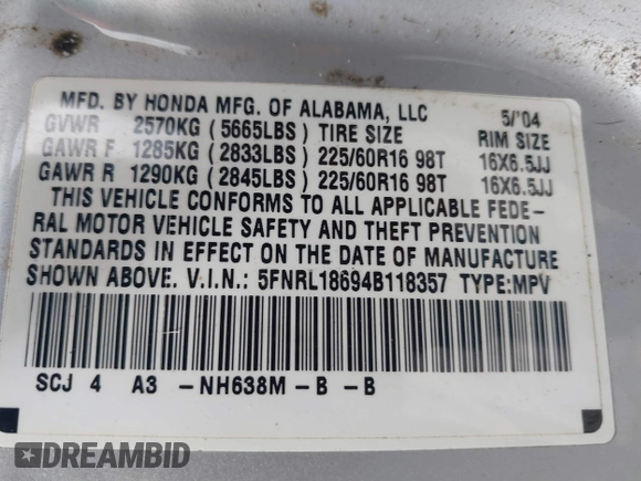 2004 Honda Odyssey EX with VIN 5FNRL18694B118357, listed as a IAAI auction lot 41508682 with 169,017 mi miles and . Bid and sale history available at DreamBid. Image 9.