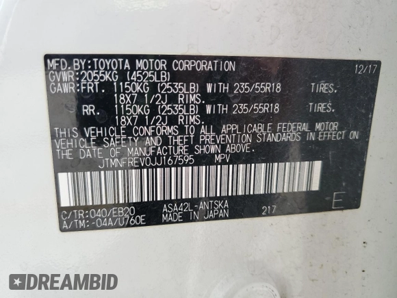 2018 Toyota RAV4 SE z VIN JTMNFREV0JJ167595, wystawiony jako Copart lot #54560605 z przebiegiem 93 056 mil mil oraz Szkoda całkowita • Salvage title. Historia ofert i sprzedaży dostępna na DreamBid. Obrazek 13.