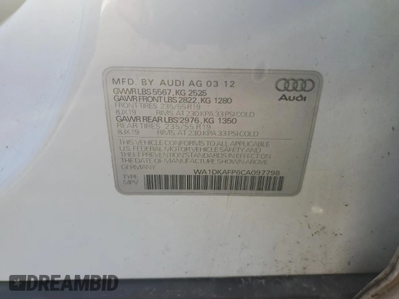 2012 Audi Q5 Premium Plus with VIN WA1DKAFP6CA097798, listed as a Copart auction lot 64426435 with 210,031 mi miles and Clean title. Bid and sale history available at DreamBid. Image 14.