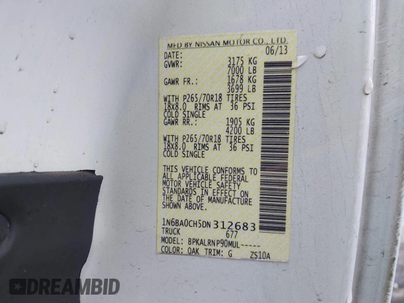 2013 Nissan Titan SE with VIN 1N6BA0CH5DN312683, listed as a IAAI auction lot 41209442 with 83,976 mi miles. Bid and sale history available at carsss.com. Image 9.