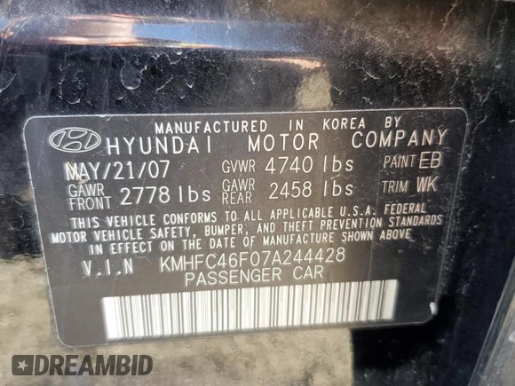 2007 Hyundai Azera SE with VIN KMHFC46F07A244428, listed as a Copart auction lot 80260304 with Not provided miles and Salvage title. Bid and sale history available at DreamBid. Image 12.