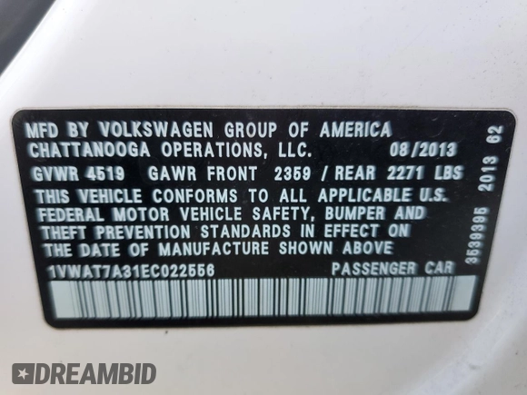 2014 Volkswagen Passat Wolfsburg Edition z VIN 1VWAT7A31EC022556, wystawiony jako Copart lot #85872424 z przebiegiem 138 363 mil mil oraz Czysty tytuł • Clean title. Historia ofert i sprzedaży dostępna na DreamBid. Obrazek 12.