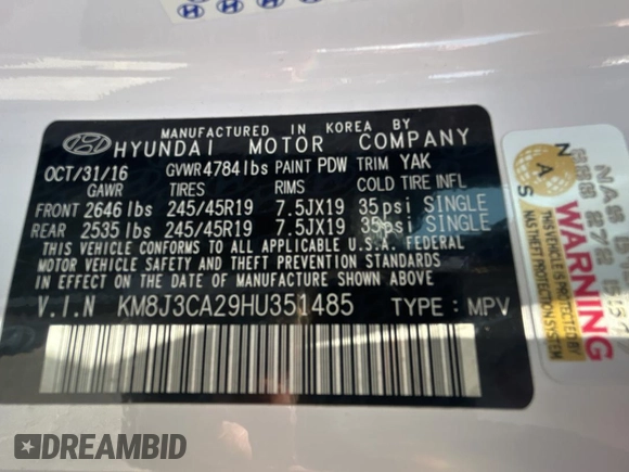 2017 Hyundai Tucson Sport with VIN KM8J3CA29HU351485, listed as a Copart auction lot 56537955 with 121,371 mi miles and Clean Title. Bid and sale history available at DreamBid. Image 10.