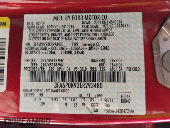 2014 Ford Fusion Titanium with VIN 3FA6P0K92ER293480, listed as a IAAI auction lot 41792642 with 156,828 mi miles. Bid and sale history available at carsss.com. Image 9.