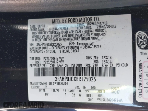 2011 Ford Fusion SEL with VIN 3FAHP0JGXBR125025, listed as a IAAI auction lot 41901192 with 165,822 mi miles. Bid and sale history available at carsss.com. Image 9.