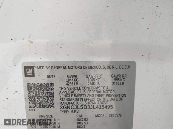 2018 Chevrolet Trax LT with VIN 3GNCJLSB3JL415495, listed as a IAAI auction lot 41734509 with 66,814 mi miles and . Bid and sale history available at carsss.com. Image 9.