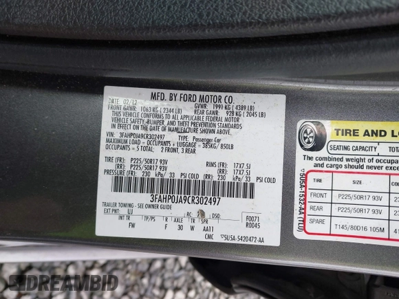 2012 Ford Fusion SEL with VIN 3FAHP0JA9CR302497, listed as a IAAI auction lot 41831862 with 151,141 mi miles. Bid and sale history available at carsss.com. Image 9.