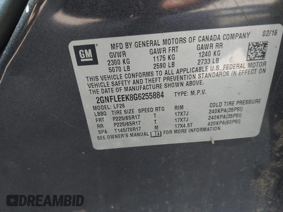 2016 Chevrolet Equinox LS with VIN 2GNFLEEK8G6255884, listed as a IAAI auction lot 40930513 with Not Provided miles and . Bid and sale history available at DreamBid. Image 9.