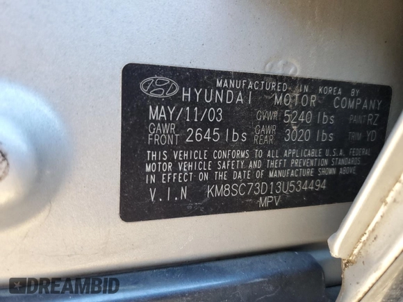 2003 Hyundai Santa Fe GLS with VIN KM8SC73D13U534494, listed as a Copart auction lot 83258244 with 81,834 mi miles and Salvage Title. Bid and sale history available at carsss.com. Image 14.