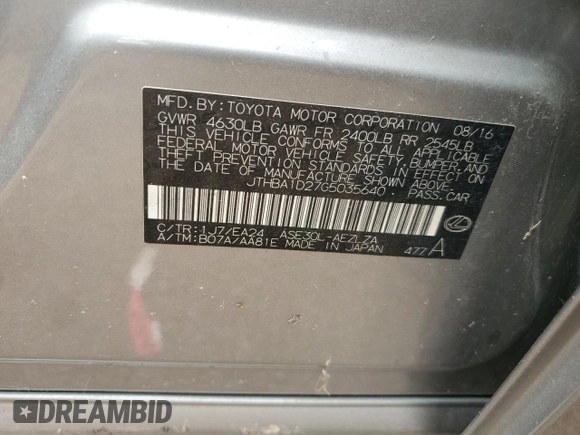 2016 Lexus IS 200t with VIN JTHBA1D27G5035640, listed as a Copart auction lot 46636135 with 128,596 mi miles and Clean Title. Bid and sale history available at DreamBid. Image 12.