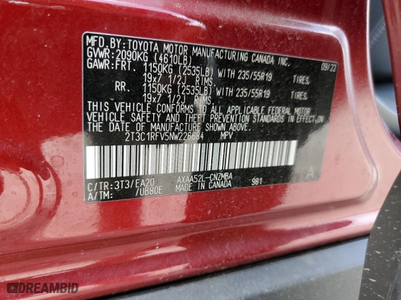 2022 Toyota RAV4 XLE Premium with VIN 2T3C1RFV5NW226684, listed as a Copart auction lot 42021355 with 19,722 mi miles and Salvage Title. Bid and sale history available at carsss.com. Image 14.
