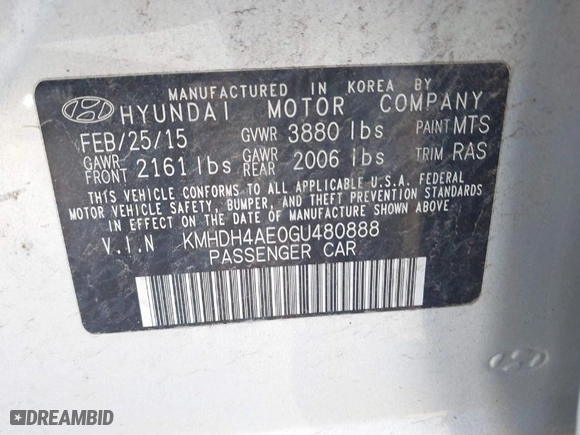 2016 Hyundai Elantra SE with VIN KMHDH4AE0GU480888, listed as a IAAI auction lot 41923645 with 120,830 mi miles. Bid and sale history available at carsss.com. Image 9.
