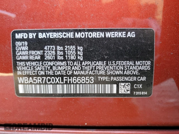 2020 BMW 3 Series 330i xDrive with VIN WBA5R7C0XLFH66853, listed as a Copart auction lot 68100822 with 19,005 mi miles and . Bid and sale history available at DreamBid. Image 14.