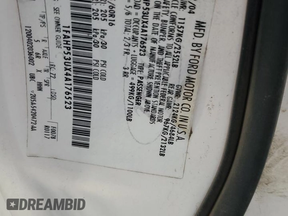 2004 Ford Taurus SE with VIN 1FAHP53UX4A176523, listed as a Copart auction lot 57287375 with 224,112 mi miles and Salvage title. Bid and sale history available at DreamBid. Image 12.