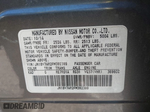 2015 Infiniti Q50 Premium with VIN JN1BV7AR2FM392399, listed as a IAAI auction lot 41978343 with 108,679 mi miles and . Bid and sale history available at DreamBid. Image 9.