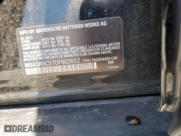 2013 BMW 3 Series 328i with VIN WBA3A5C57DF602652, listed as a Copart auction lot 60874345 with 147,214 mi miles and Salvage title. Bid and sale history available at DreamBid. Image 12.