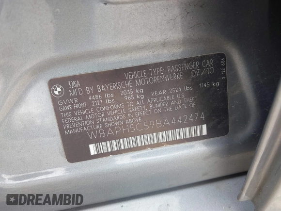 2011 BMW 3 Series 328i with VIN WBAPH5C59BA442474, listed as a IAAI auction lot 41676997 with 219,206 mi miles and . Bid and sale history available at carsss.com. Image 9.