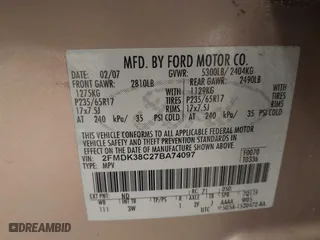 2007 Ford Edge SEL with VIN 2FMDK38C27BA74097, listed as a IAAI auction lot 41731553 with 320,782 mi miles. Bid and sale history available at carsss.com. Image 9.