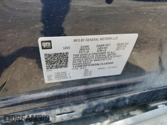 2022 Chevrolet Traverse LS with VIN 1GNERFKW5NJ118988, listed as a Copart auction lot 61901824 with 0 mi miles and Non Repairable. Bid and sale history available at carsss.com. Image 12.