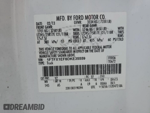 2013 Ford F-150 XL with VIN 1FTFX1EF8DKE35559, listed as a Copart auction lot 55754985 with 193,184 mi miles and Salvage title. Bid and sale history available at DreamBid. Image 12.