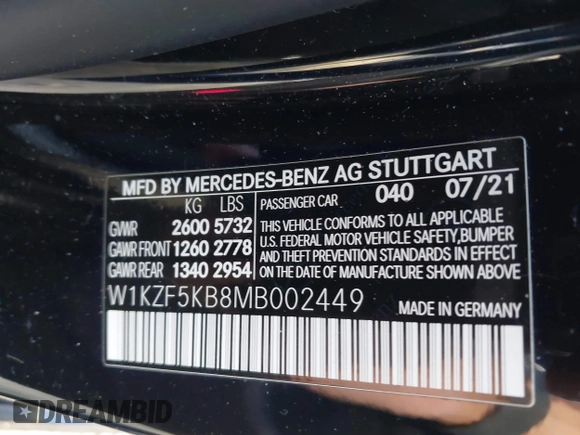 2021 Mercedes-Benz E-Class E 450 with VIN W1KZF5KB8MB002449, listed as a IAAI auction lot 41224307 with 57,093 mi miles. Bid and sale history available at carsss.com. Image 9.