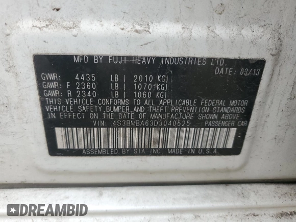 2013 Subaru Legacy 2.5i with VIN 4S3BMBA63D3040525, listed as a Copart auction lot 53311015 with 190,000 mi miles and Clean Title. Bid and sale history available at DreamBid. Image 12.
