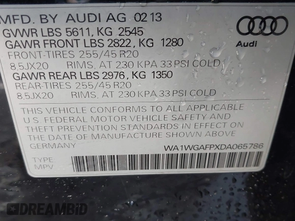 2013 Audi Q5 Prestige with VIN WA1WGAFPXDA065786, listed as a IAAI auction lot 41196024 with 100,205 mi miles and . Bid and sale history available at DreamBid. Image 9.