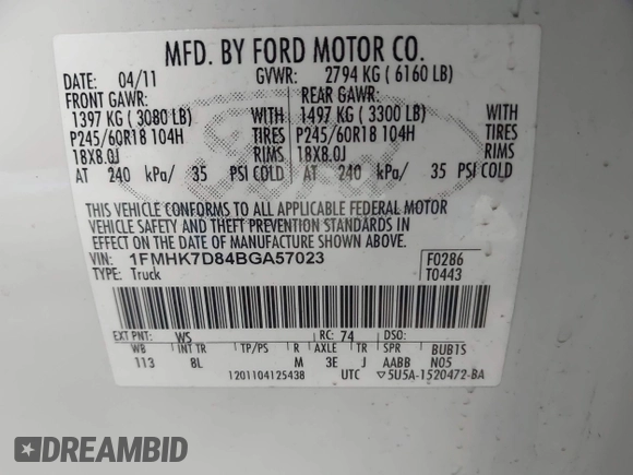 2011 Ford Explorer XLT with VIN 1FMHK7D84BGA57023, listed as a IAAI auction lot 42023816 with 205,238 mi miles and . Bid and sale history available at DreamBid. Image 9.