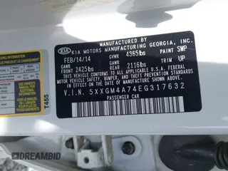 2014 Kia Optima LX with VIN 5XXGM4A74EG317632, listed as a IAAI auction lot 42172027 with 122,879 mi miles and . Bid and sale history available at DreamBid. Image 9.
