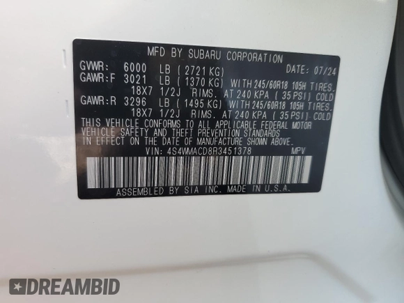 2024 Subaru Ascent Premium with VIN 4S4WMACD8R3451378, listed as a Copart auction lot 71318044 with 691 mi miles and Salvage title. Bid and sale history available at DreamBid. Image 14.