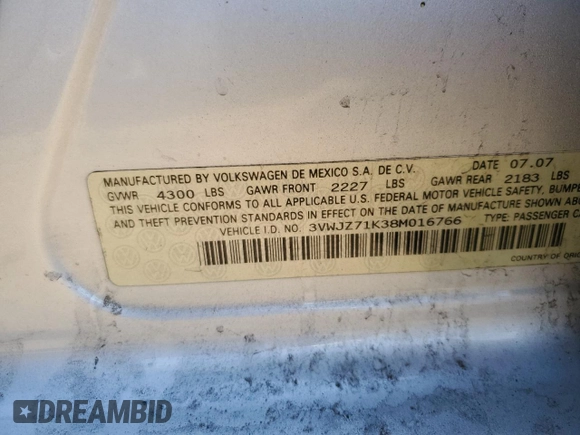2008 Volkswagen Jetta Sedan S with VIN 3VWJZ71K38M016766, listed as a Copart auction lot 48253165 with 143,980 mi miles and Salvage Title. Bid and sale history available at carsss.com. Image 12.