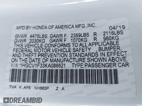 2019 Honda Accord Sedan Sport 1.5T with VIN 1HGCV1F33KA086621, listed as a IAAI auction lot 41612182 with 74,577 mi miles. Bid and sale history available at carsss.com. Image 9.