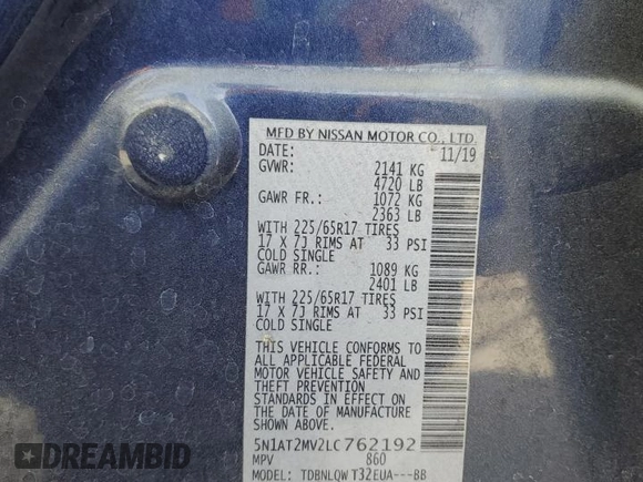 2020 Nissan Rogue S with VIN 5N1AT2MV2LC762192, listed as a Copart auction lot 48795525 with Not Provided miles and Salvage Title. Bid and sale history available at DreamBid. Image 13.