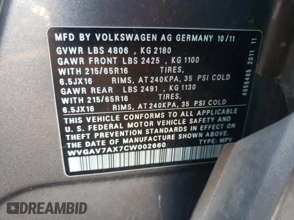 2012 Volkswagen Tiguan S with VIN WVGAV7AX7CW002660, listed as a Copart auction lot 86016034 with 185,938 mi miles and Salvage title. Bid and sale history available at DreamBid. Image 12.